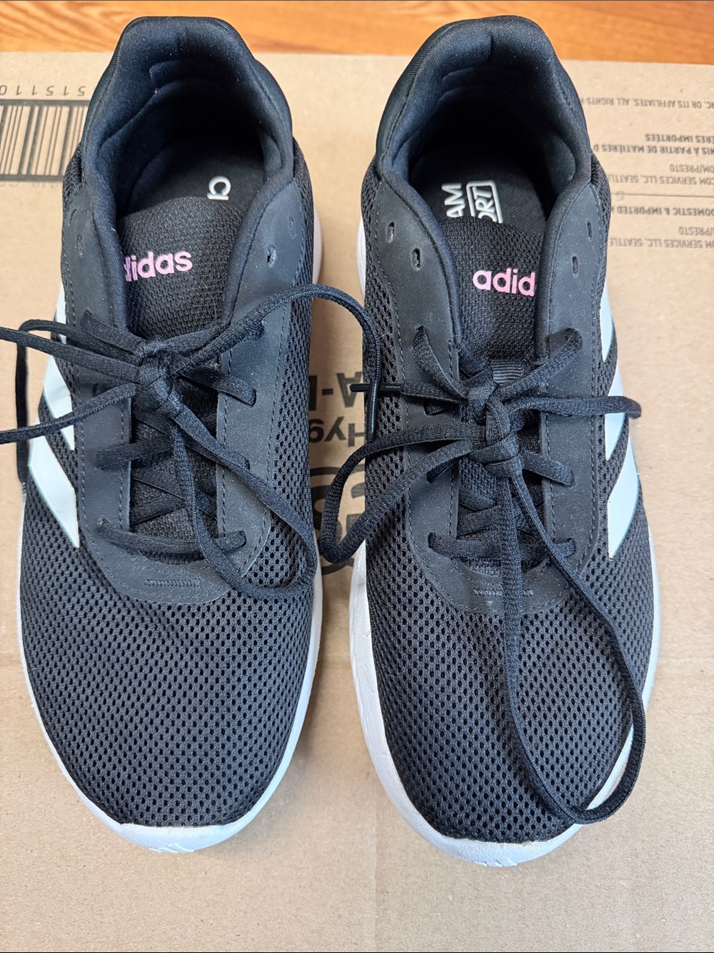 adidas Women's Black Mesh Sneakers with White Stripes and Pink Logo